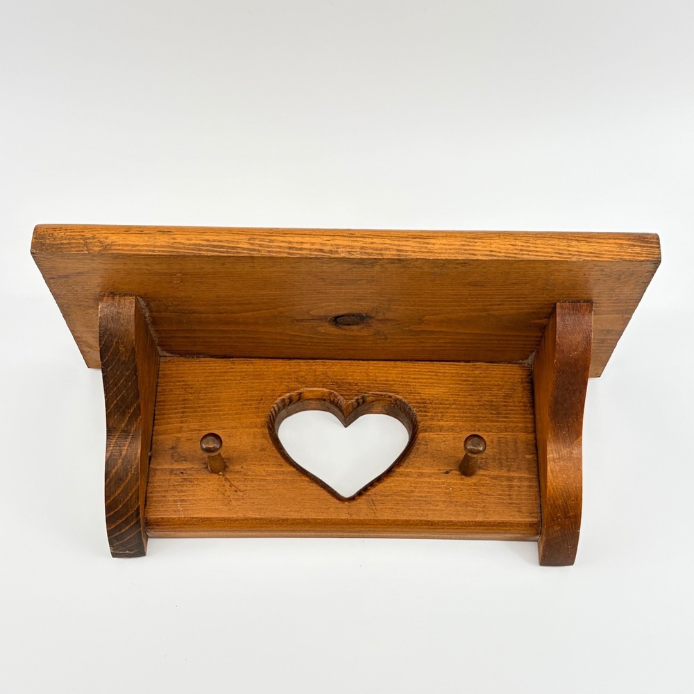 Vintage Rustic Wood Wall Shelf Heart Cutout 2 Peg Hooks Farmhouse Cottagecore